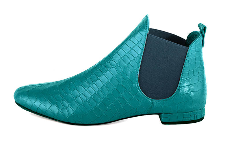 Turquoise blue women's ankle boots, with elastics. Round toe. Flat block heels. Profile view - Florence KOOIJMAN